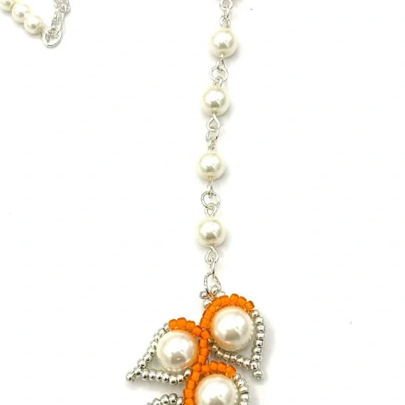 Hand Crafted Silver and Orange with Pearl Flower Necklace - Picture 7 of 9